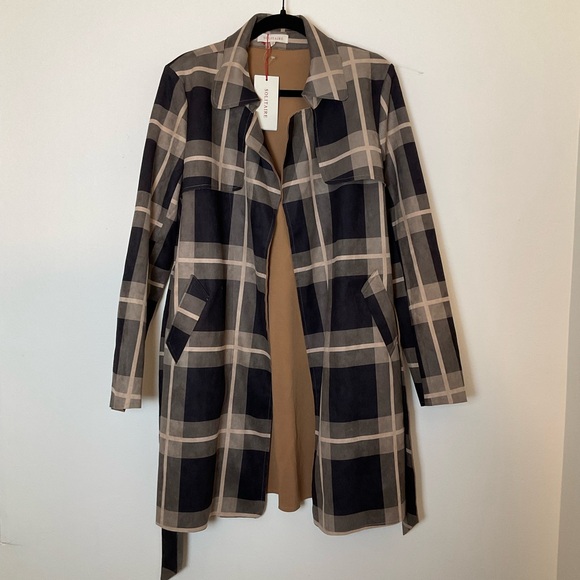 Solitaire | Belted Plaid Jacket | Brown | Faux Suede | Trench | NWT | Large - Picture 3 of 16